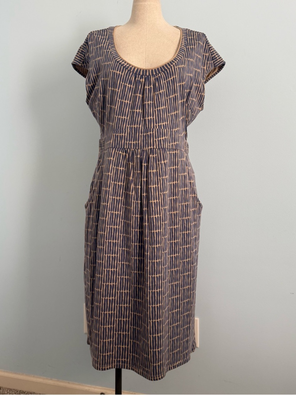 Boden Short Sleeve Blue/fawn Summer Midi Dress Size 12 Cotton Blend